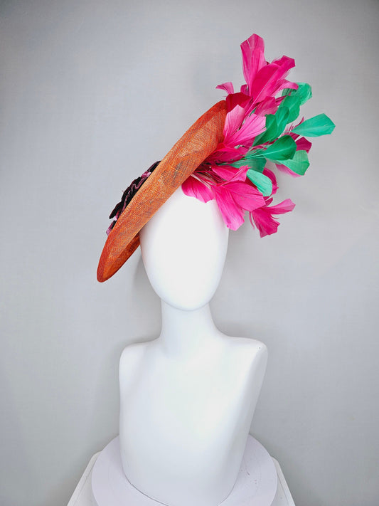 kentucky derby hat fascinator orange sinamay fascinator with pink fuchsia green embroidered flowers pink and green feathers