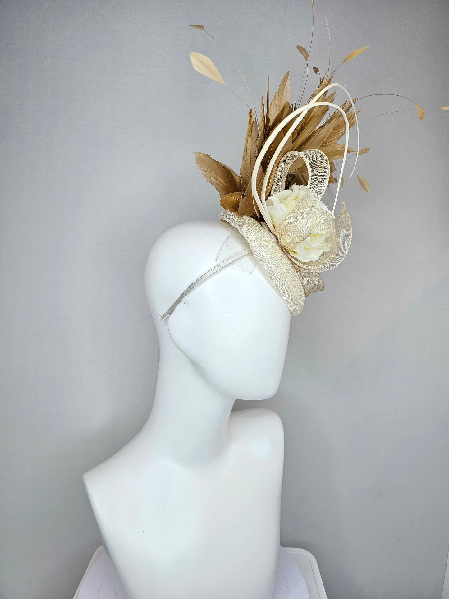 kentucky derby hat fascinator ivory beige sinamay with ivory blush flower and curls with gold taupe feathers