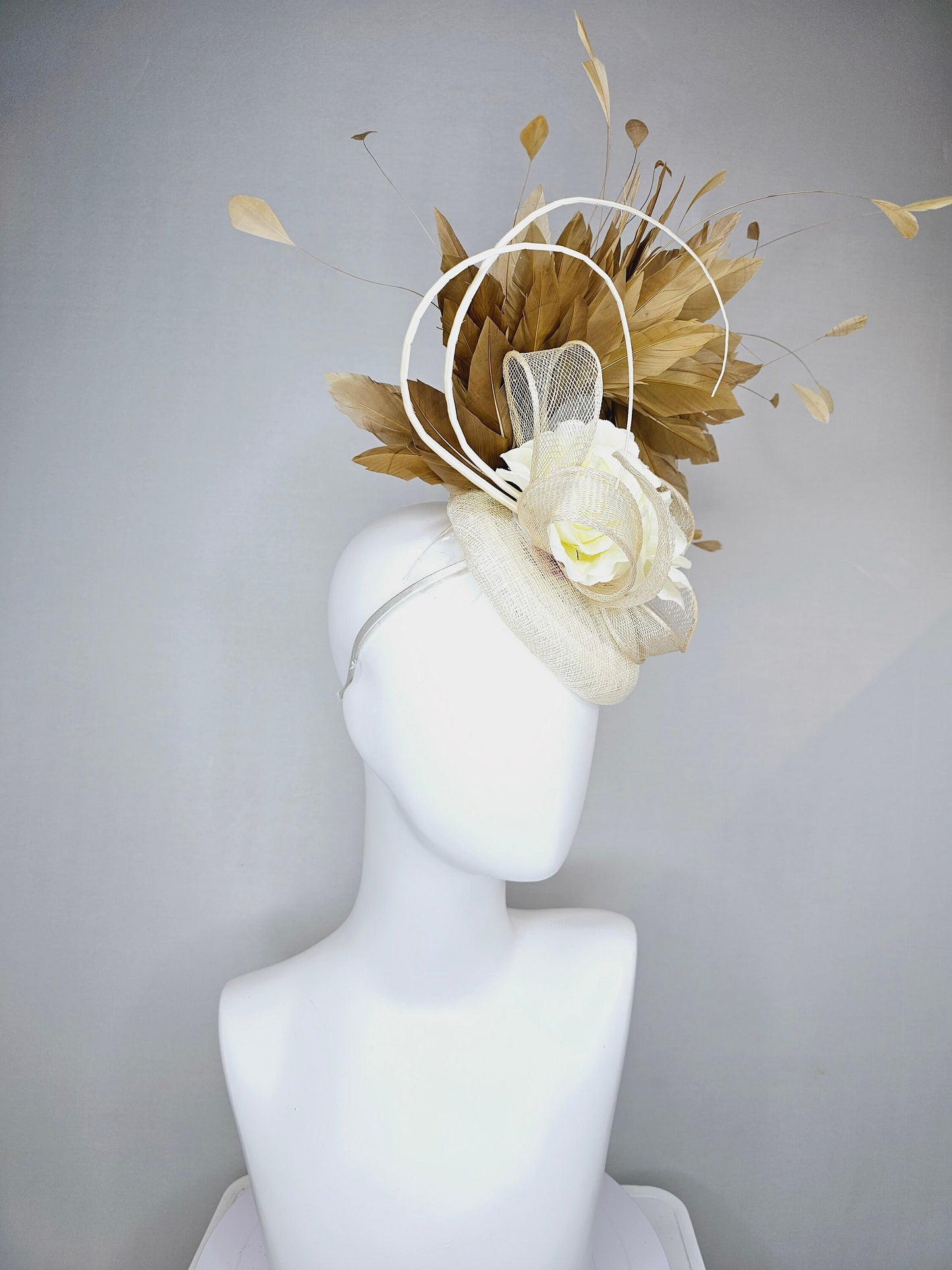 kentucky derby hat fascinator ivory beige sinamay with ivory blush flower and curls with gold taupe feathers