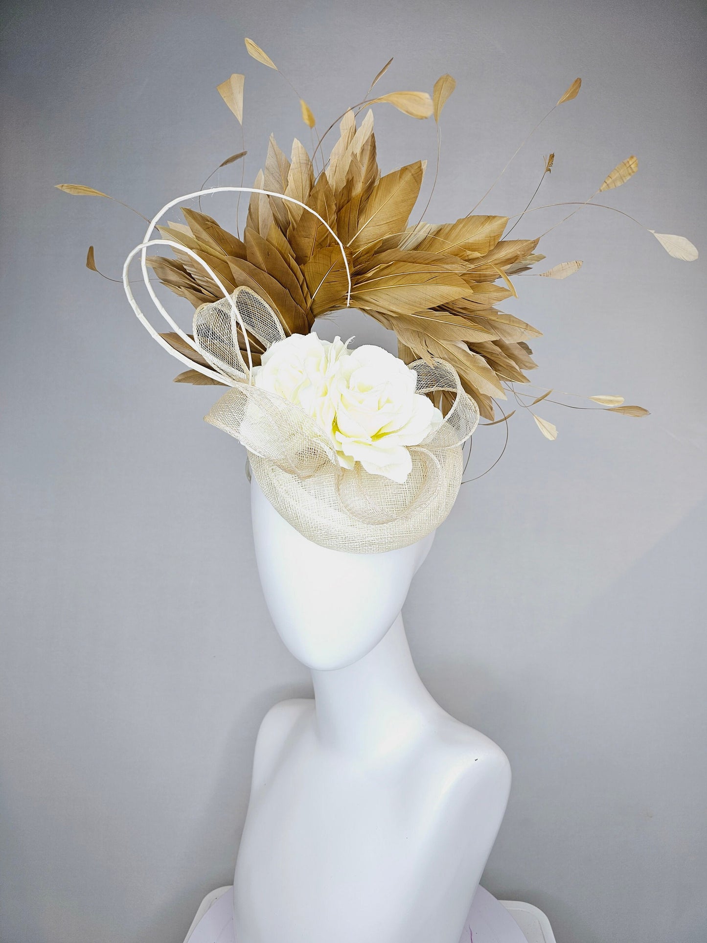 kentucky derby hat fascinator ivory beige sinamay with ivory blush flower and curls with gold taupe feathers