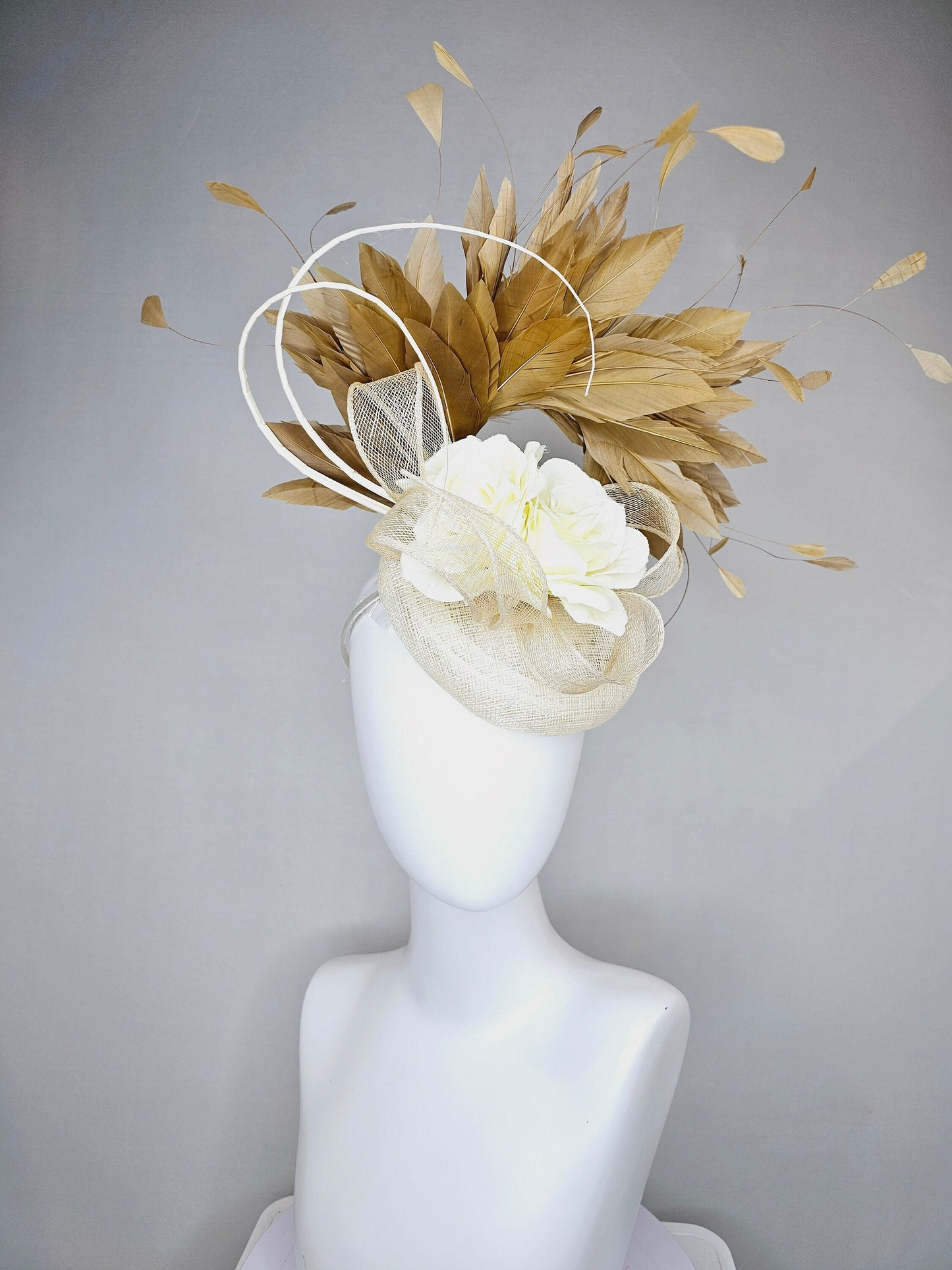 kentucky derby hat fascinator ivory beige sinamay with ivory blush flower and curls with gold taupe feathers