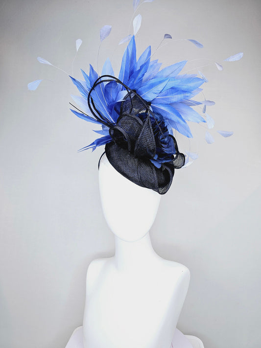 kentucky derby hat fascinator navy blue sinamay base with navy blue curls and aqua blue feathers and navy blue flower