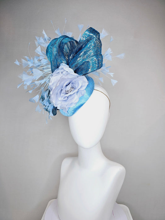 kentucky derby hat fascinator royal blue satin with light blue satin flower and light blue feathers and teal metallic silk