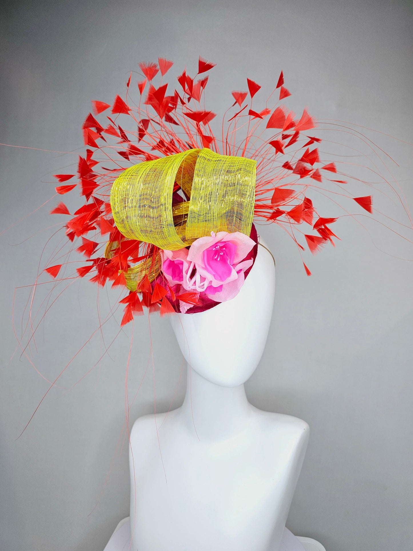 kentucky derby hat fascinator pink satin with bright red feathers ombre pink silk flowers and yellow gold metallic silk