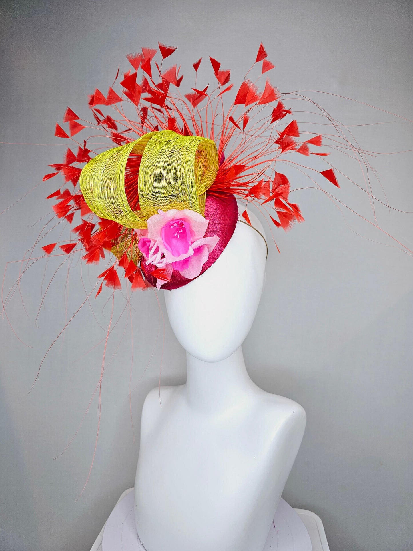 kentucky derby hat fascinator pink satin with bright red feathers ombre pink silk flowers and yellow gold metallic silk