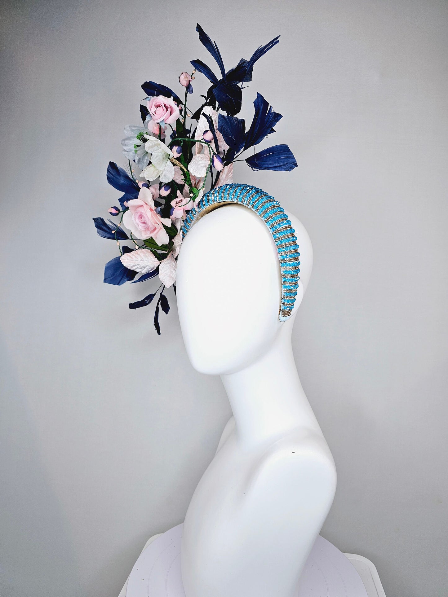 kentucky derby hat fascinator turquoise blue crystal rhinestone headband light pink roses and white flowers with navy blue feathers