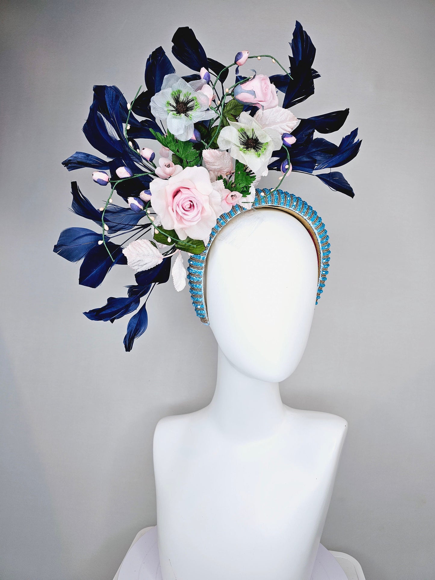 kentucky derby hat fascinator turquoise blue crystal rhinestone headband light pink roses and white flowers with navy blue feathers