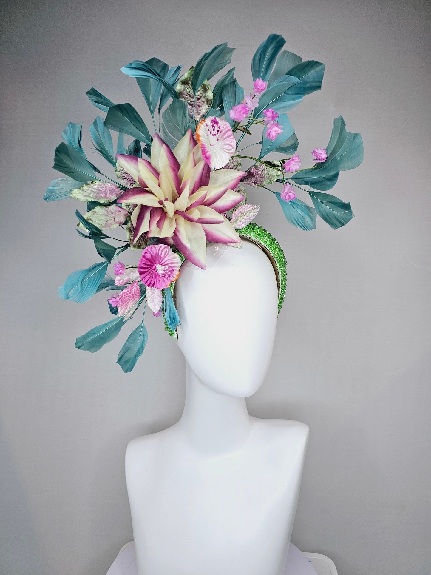 kentucky derby hat fascinator lime green beaded headband with cream purple silk flowers and pink flowers and teal feathers