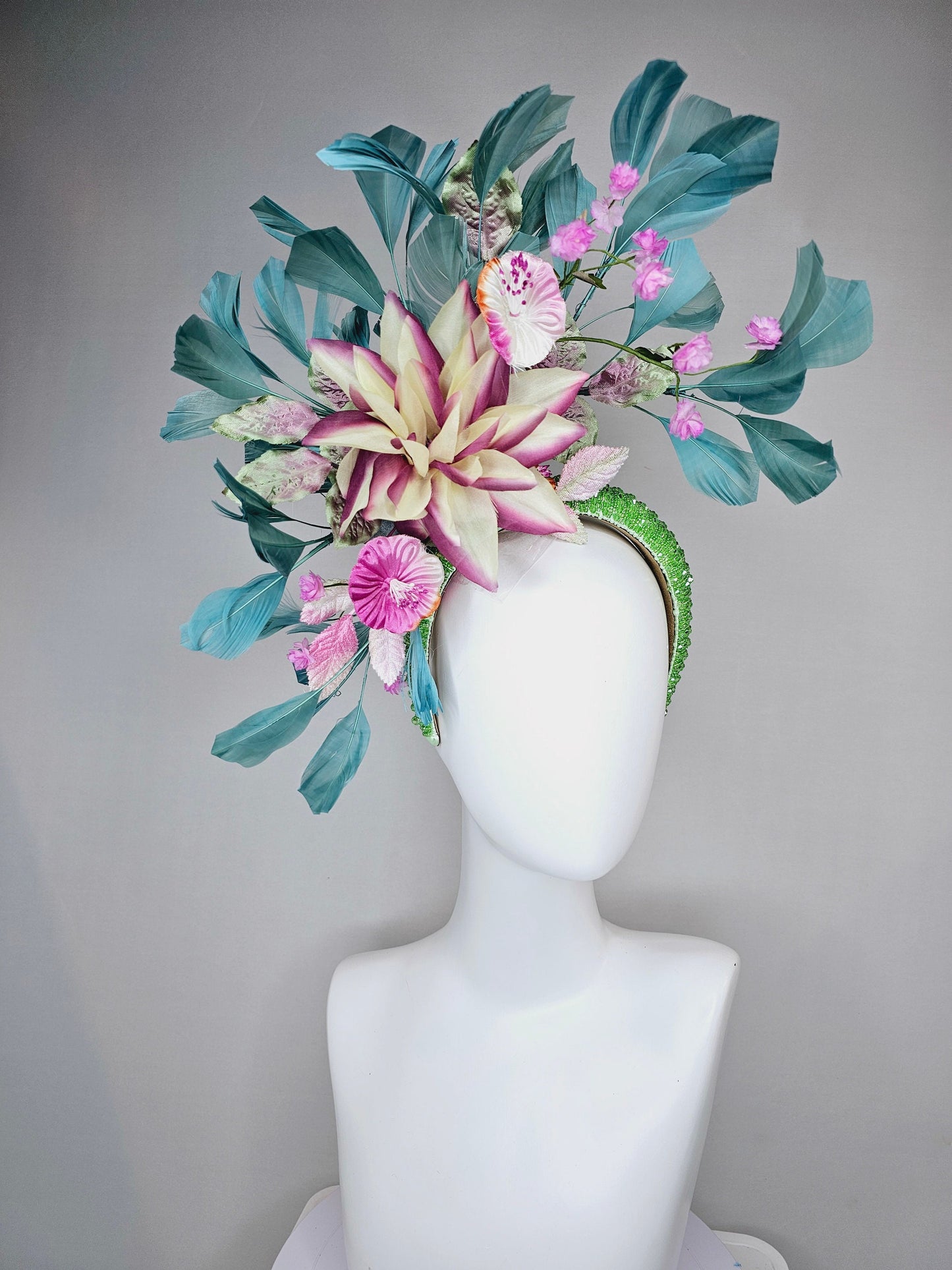 kentucky derby hat fascinator lime green beaded headband with cream purple silk flowers and pink flowers and teal feathers