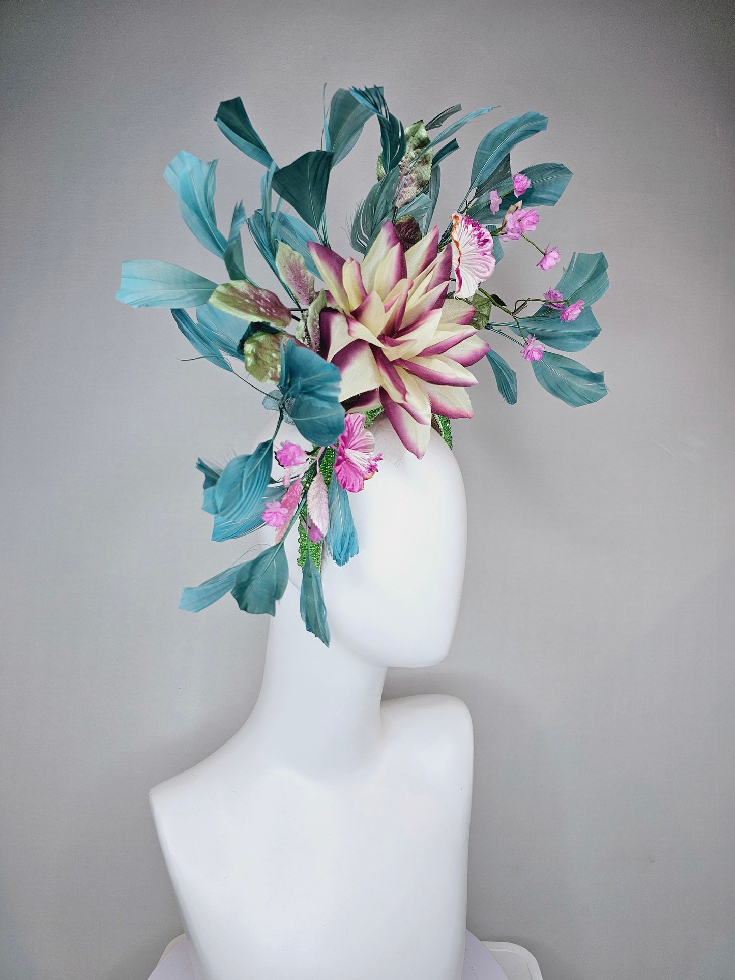 kentucky derby hat fascinator lime green beaded headband with cream purple silk flowers and pink flowers and teal feathers