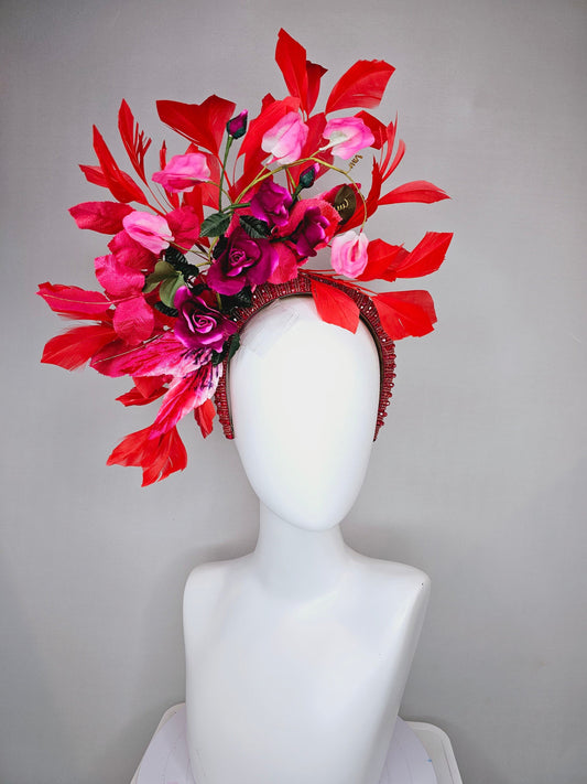 kentucky derby hat fascinator red wine roses with pink white ombre flowers and large red feathers on red beaded crystal headband