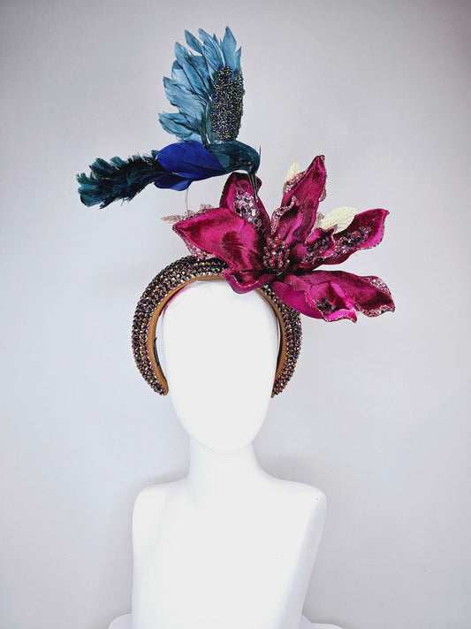 kentucky derby hat fascinator bronze brown rhinestone headband with purple wine sparkle flower dark blue beaded feather bird