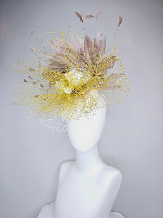 kentucky derby hat fascinator white ivory sinamay with mustard yellow gold netting and ivory rose flower gold taupe feathers