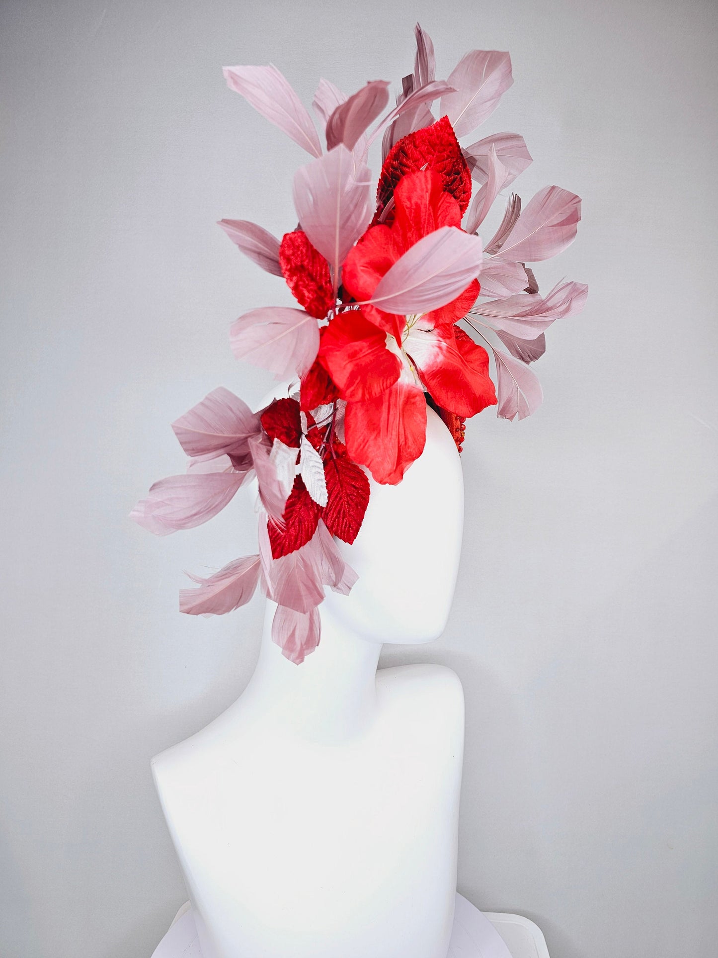 kentucky derby hat fascinator large red flower with red and white leaves with blush pink feathers on red crystal beaded headband