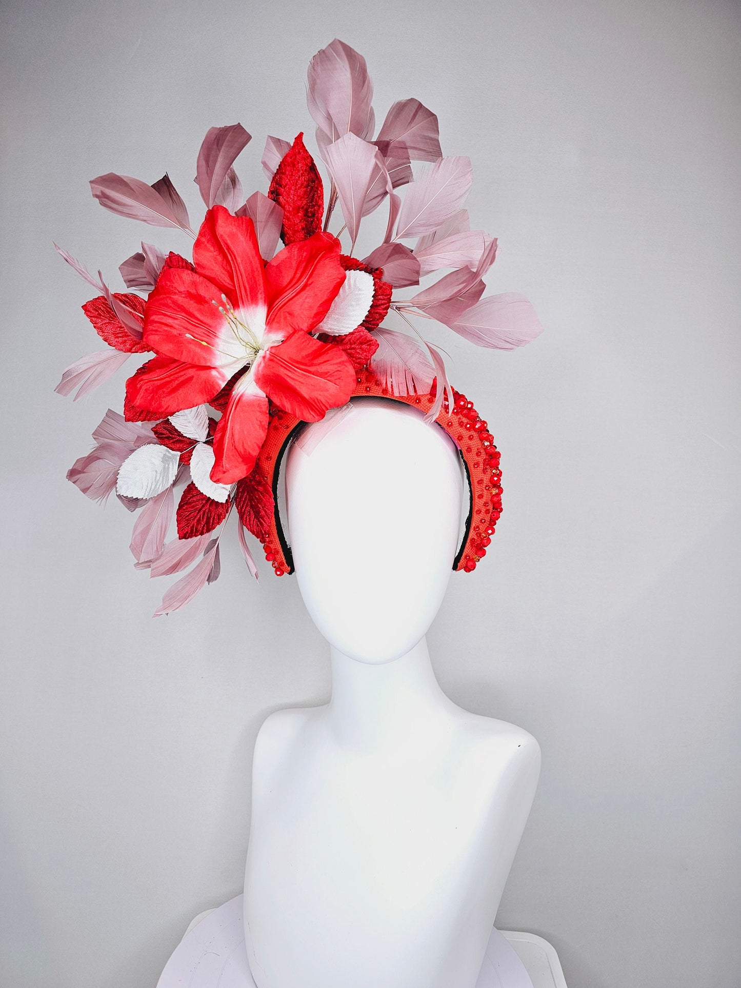 kentucky derby hat fascinator large red flower with red and white leaves with blush pink feathers on red crystal beaded headband