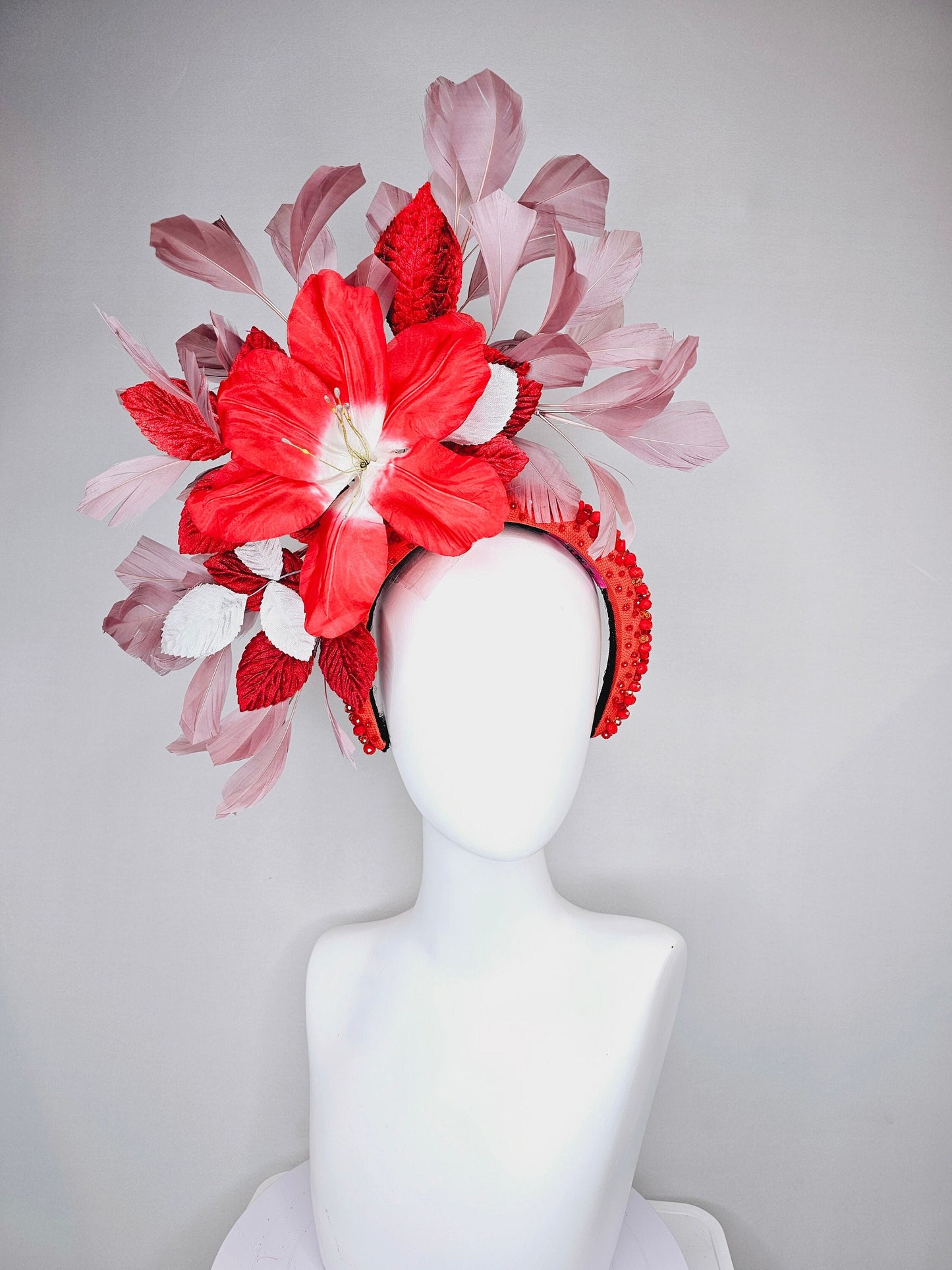 kentucky derby hat fascinator large red flower with red and white leaves with blush pink feathers on red crystal beaded headband