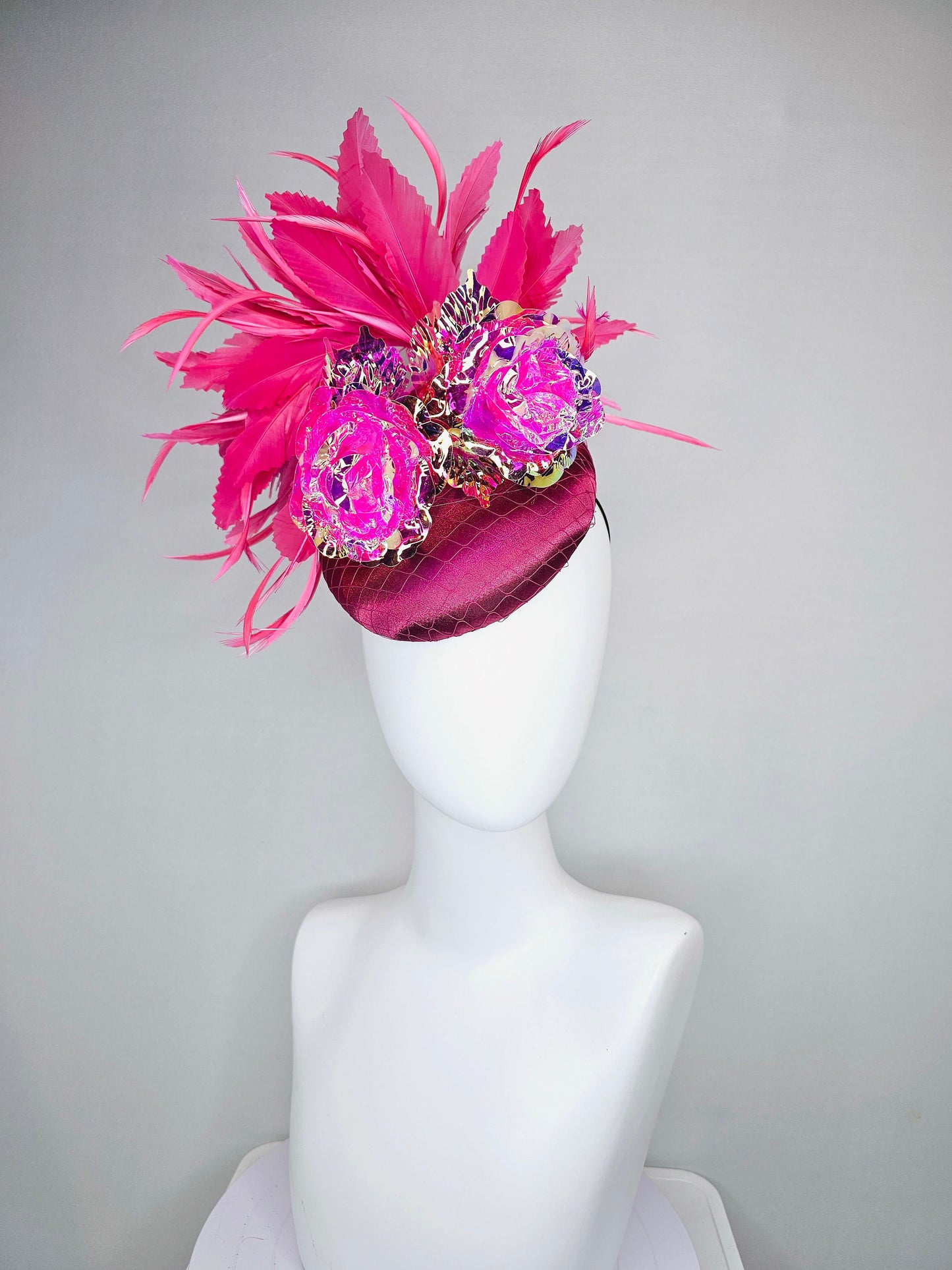 kentucky derby hat fascinator wine pink sinamay with gold stem pink iridescent flowers and pink feathers