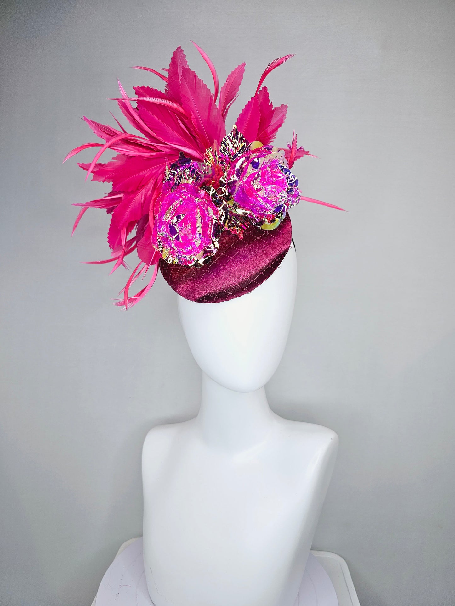 kentucky derby hat fascinator wine pink sinamay with gold stem pink iridescent flowers and pink feathers