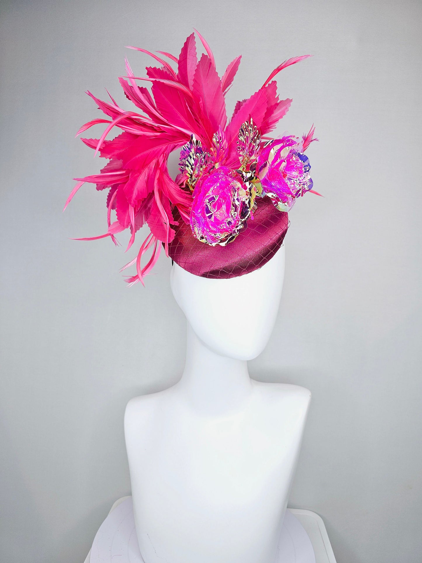 kentucky derby hat fascinator wine pink sinamay with gold stem pink iridescent flowers and pink feathers