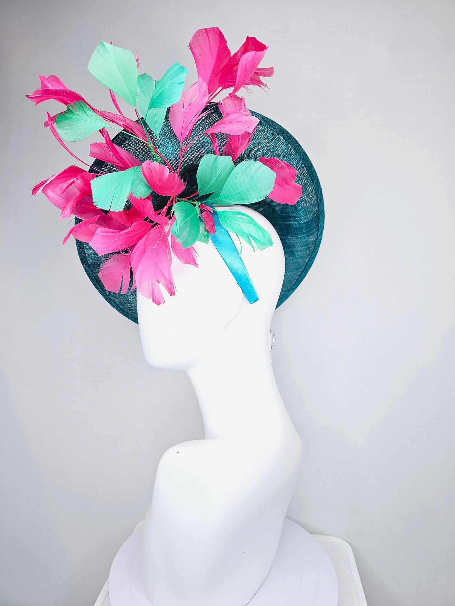 kentucky derby hat fascinator teal sinamay saucer with fuchsia pink and green feathers and yellow pink blue embroidered flowers and birds