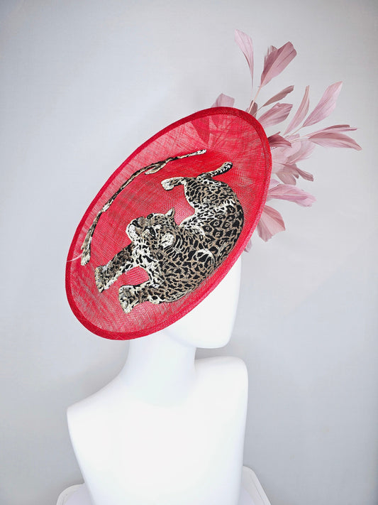 kentucky derby hat scarlet red sinamay saucer with black ivory gold leopard embroidered with blush pink feathers