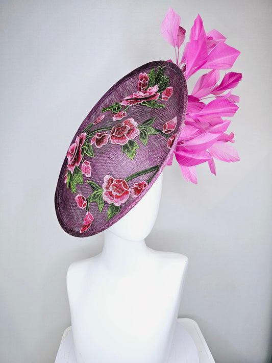 kentucky derby hat fascinator purple sinamay saucer with red pink green embroidered flowers with fuchsia pink feathers