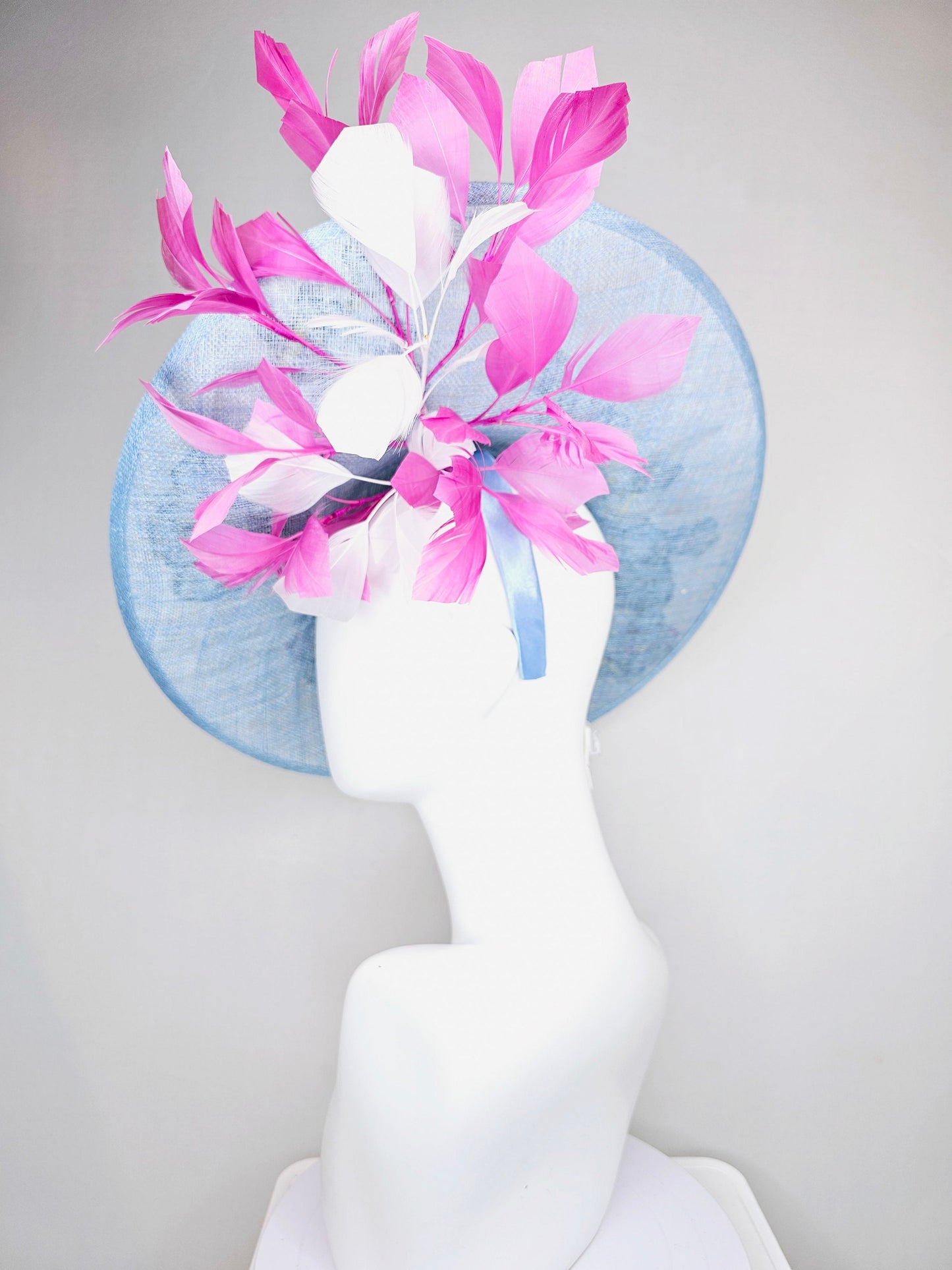 kentucky derby hat fascinator large baby blue sinamay saucer w pink and white feathers and gray pink yellow embroidered flowers