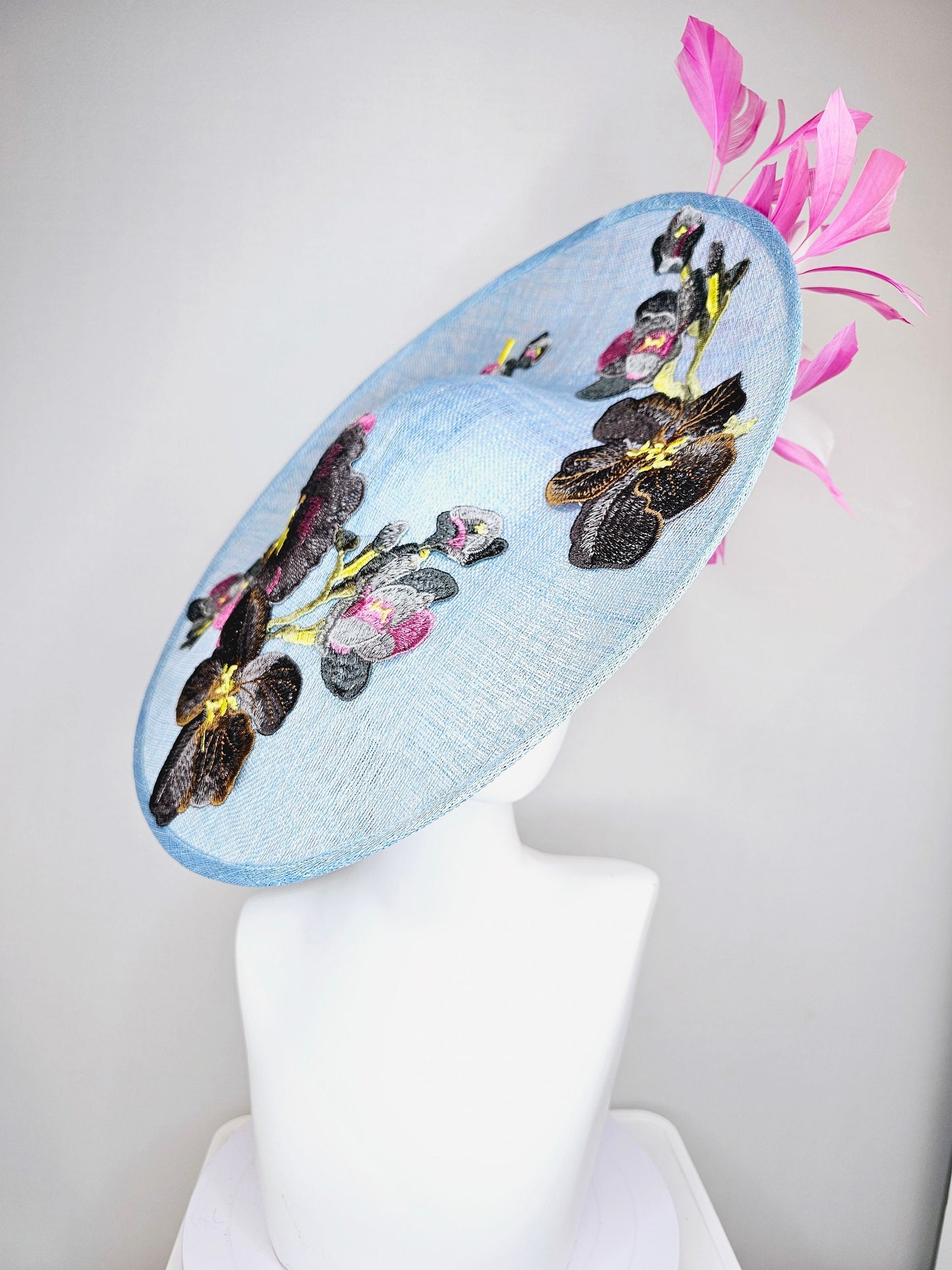 kentucky derby hat fascinator large baby blue sinamay saucer w pink and white feathers and gray pink yellow embroidered flowers