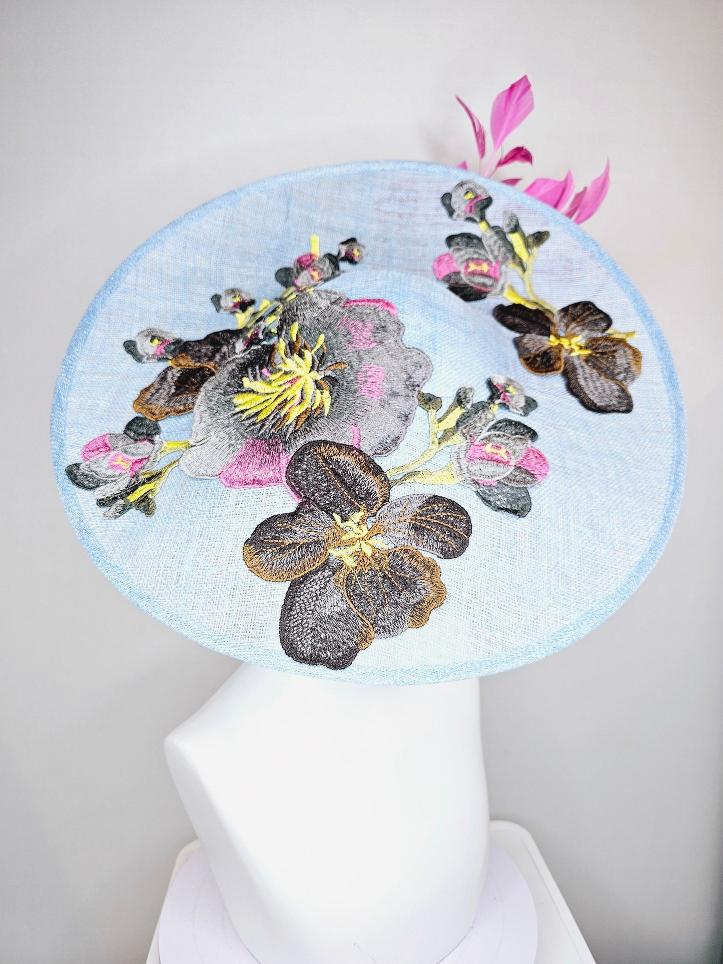 kentucky derby hat fascinator large baby blue sinamay saucer w pink and white feathers and gray pink yellow embroidered flowers