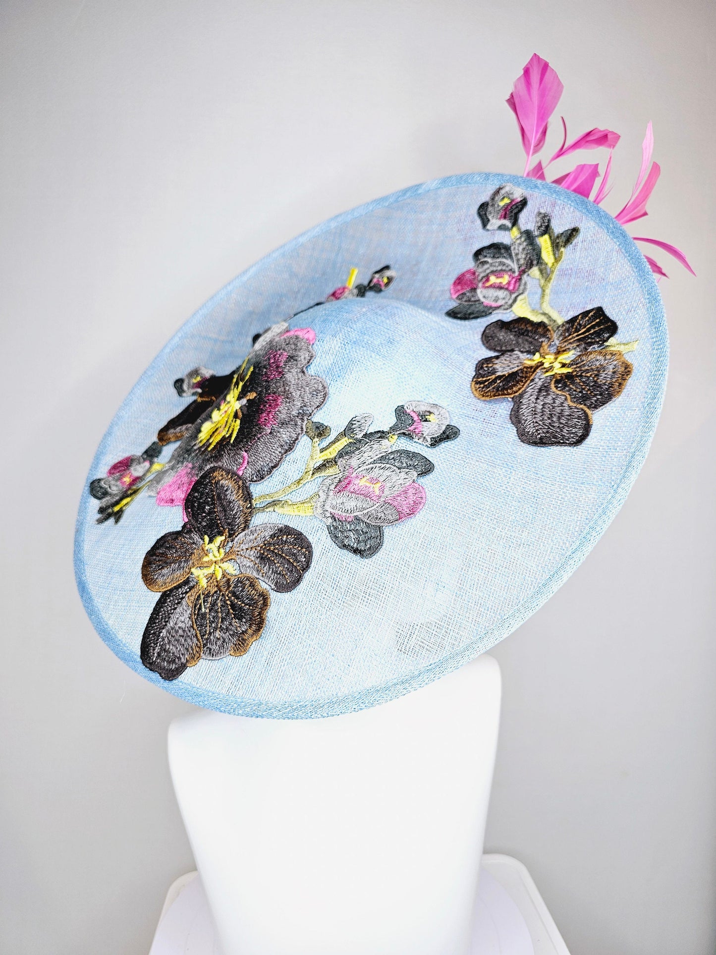 kentucky derby hat fascinator large baby blue sinamay saucer w pink and white feathers and gray pink yellow embroidered flowers