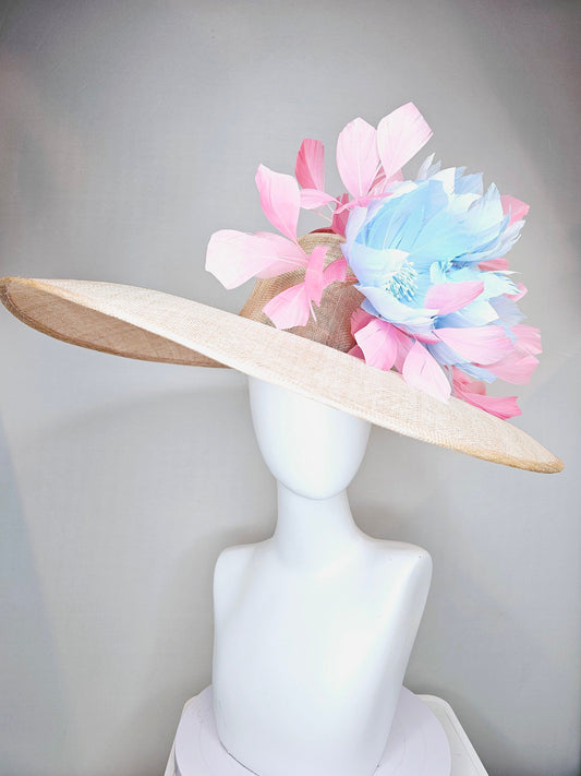 kentucky derby hat large wide brim sinamay neutral beige hat with light baby pink feathers and light baby blue fluffy feather flowers