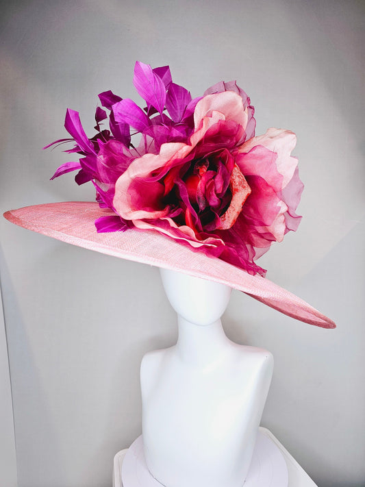 kentucky derby hat large wide brim sinamay coral pink hat with large pink burgundy red satin organza flower with purple feathers