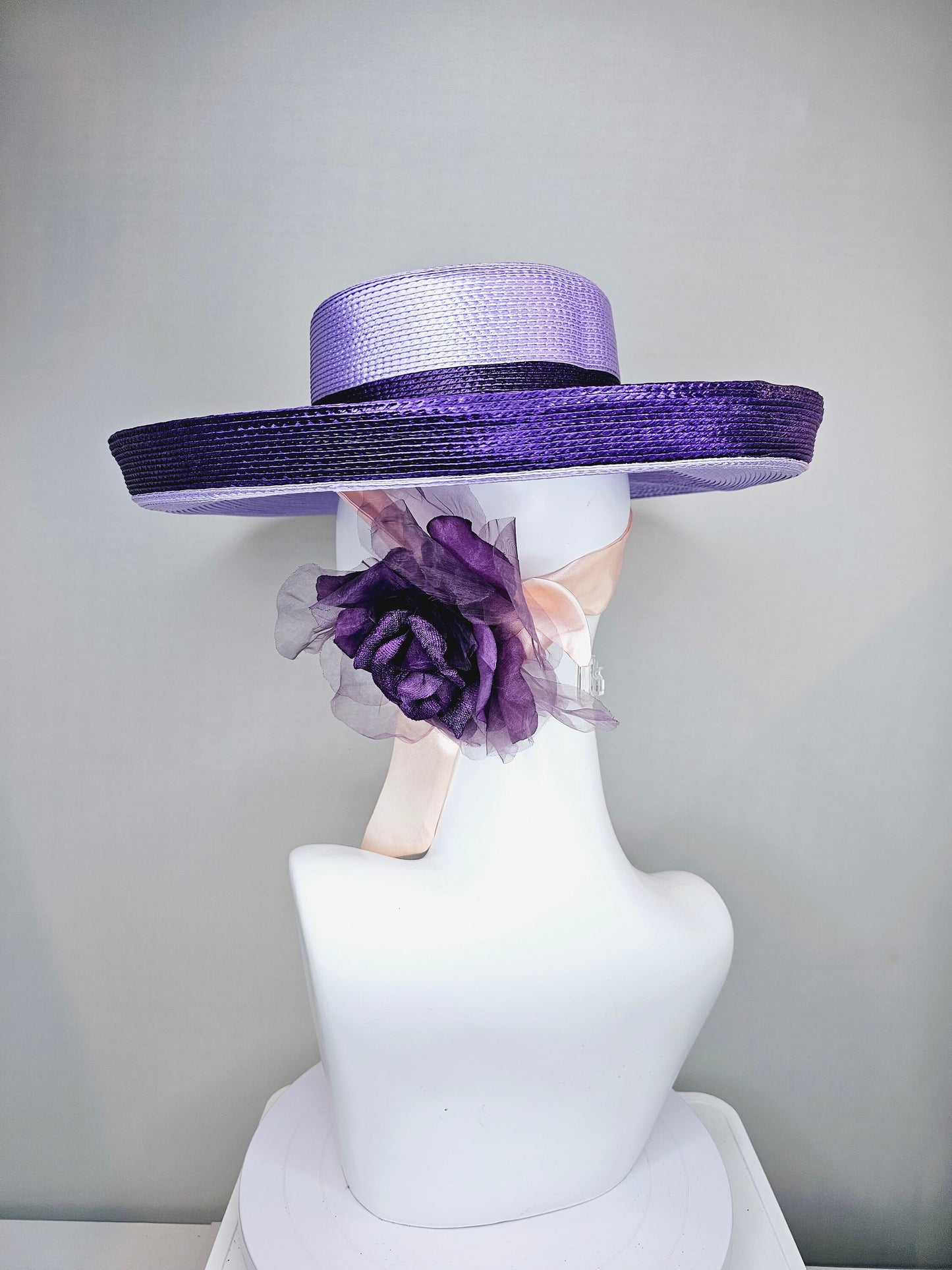 kentucky derby hat wide brim purple and lavender fedora rancher panama hat w gold horsebit decor,pink ribbon w purple organza satin flower