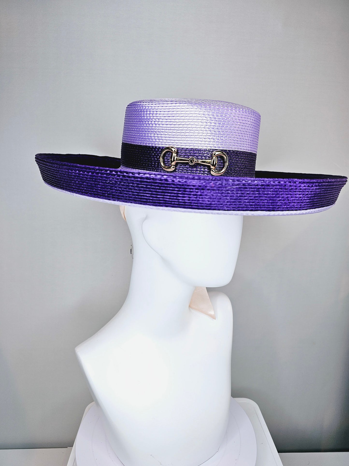 kentucky derby hat wide brim purple and lavender fedora rancher panama hat w gold horsebit decor,pink ribbon w purple organza satin flower