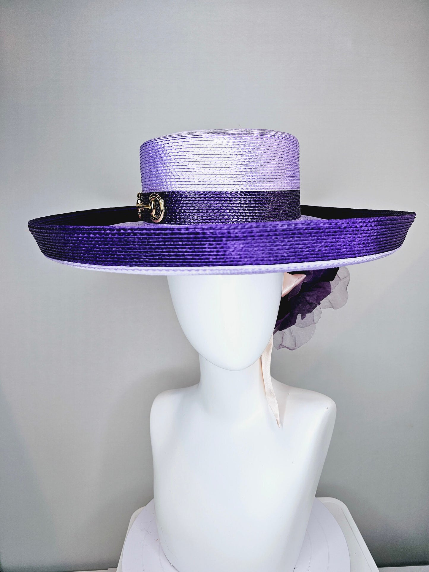 kentucky derby hat wide brim purple and lavender fedora rancher panama hat w gold horsebit decor,pink ribbon w purple organza satin flower