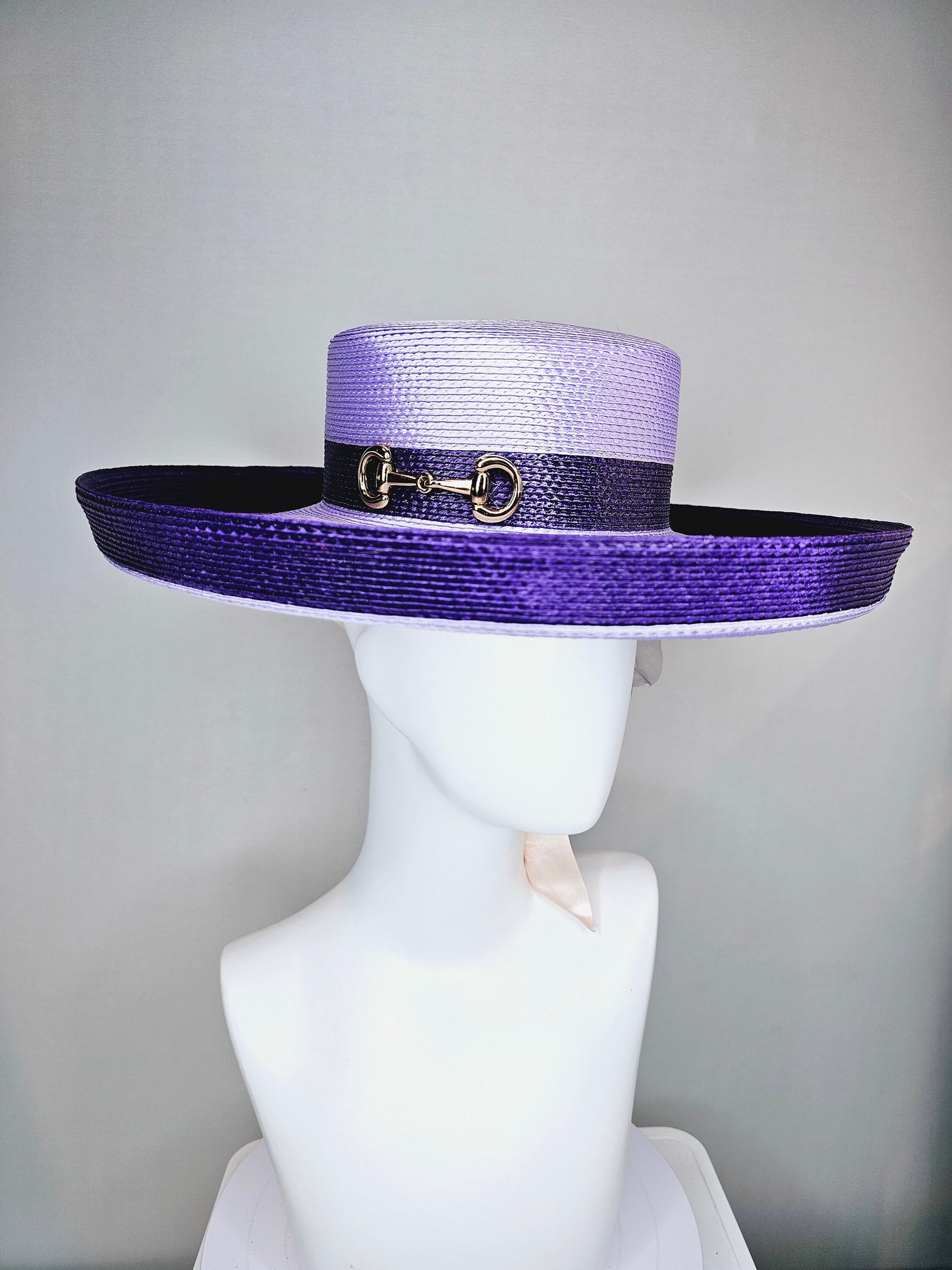 kentucky derby hat wide brim purple and lavender fedora rancher panama hat w gold horsebit decor,pink ribbon w purple organza satin flower