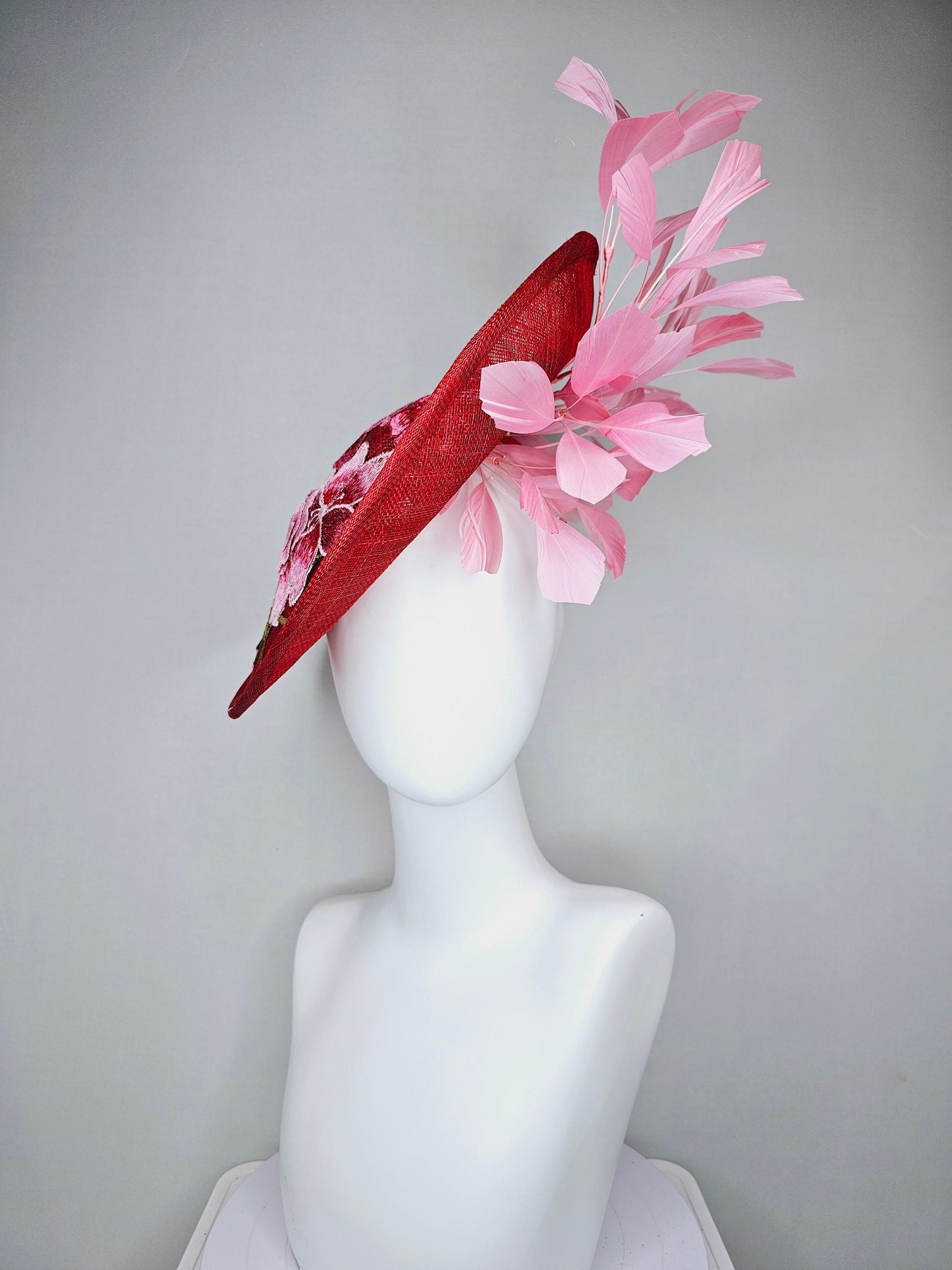 kentucky derby hat fascinator red sinamay saucer with red pink green gold  embroidered flowers pink feathers