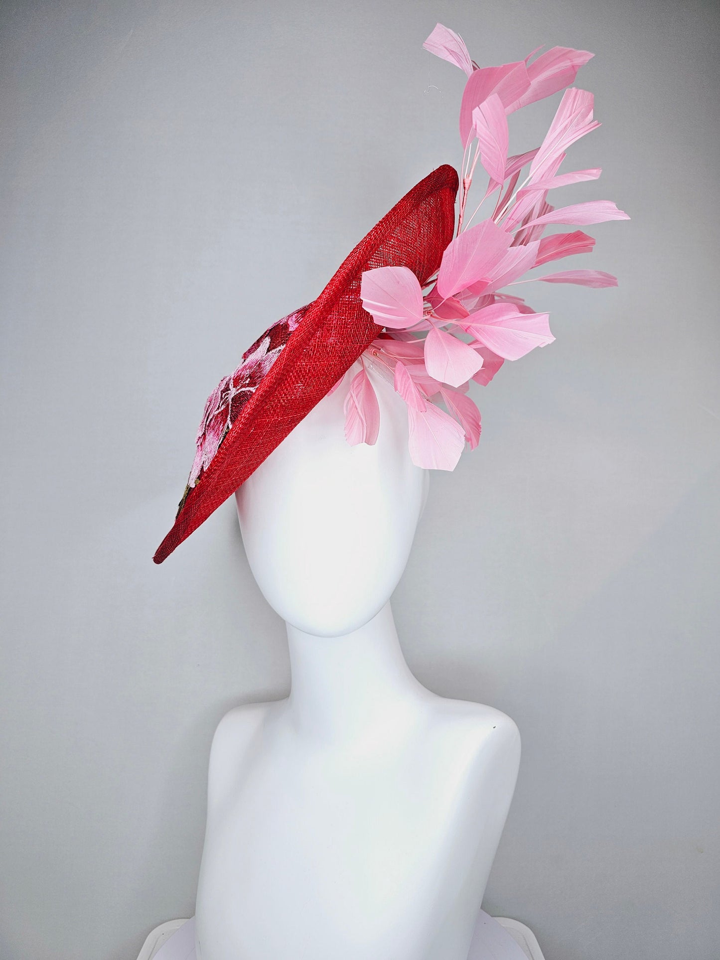 kentucky derby hat fascinator red sinamay saucer with red pink green gold  embroidered flowers pink feathers