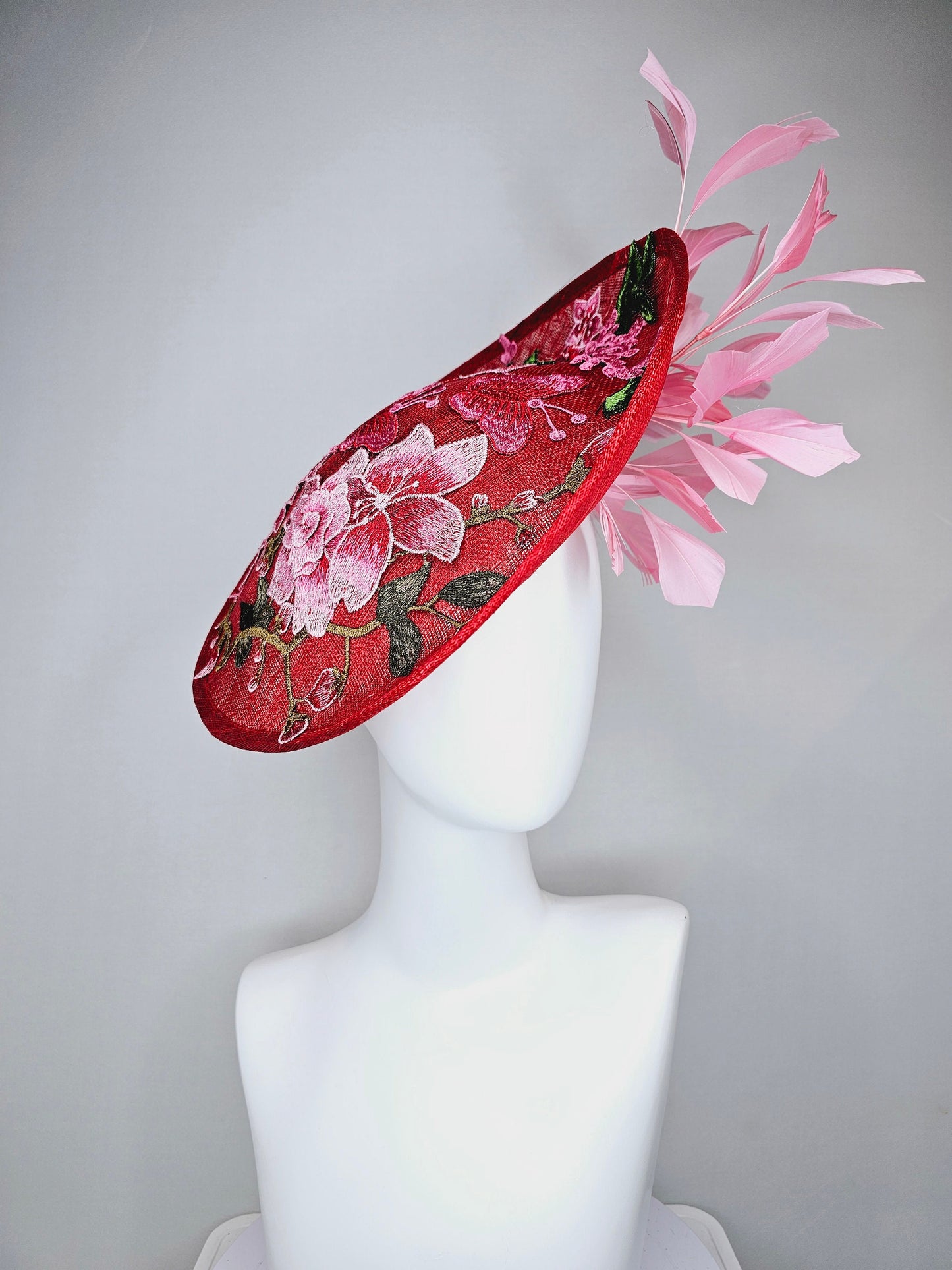 kentucky derby hat fascinator red sinamay saucer with red pink green gold  embroidered flowers pink feathers