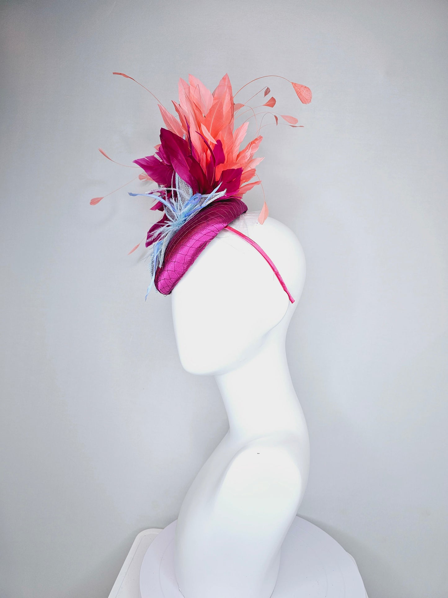 kentucky derby hat fascinator magenta purple wine satin with matching feathers orange coral feathers and blush sinamay feather flower