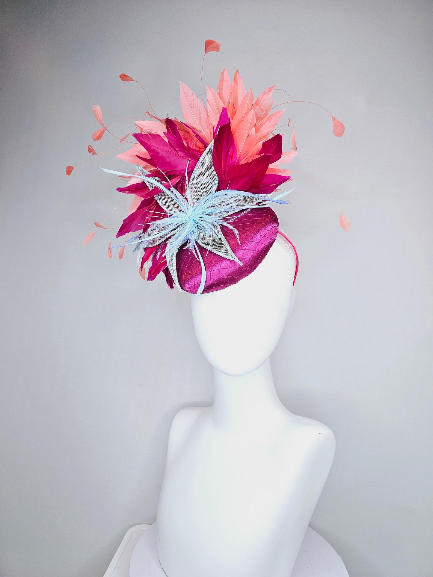 kentucky derby hat fascinator magenta purple wine satin with matching feathers orange coral feathers and blush sinamay feather flower