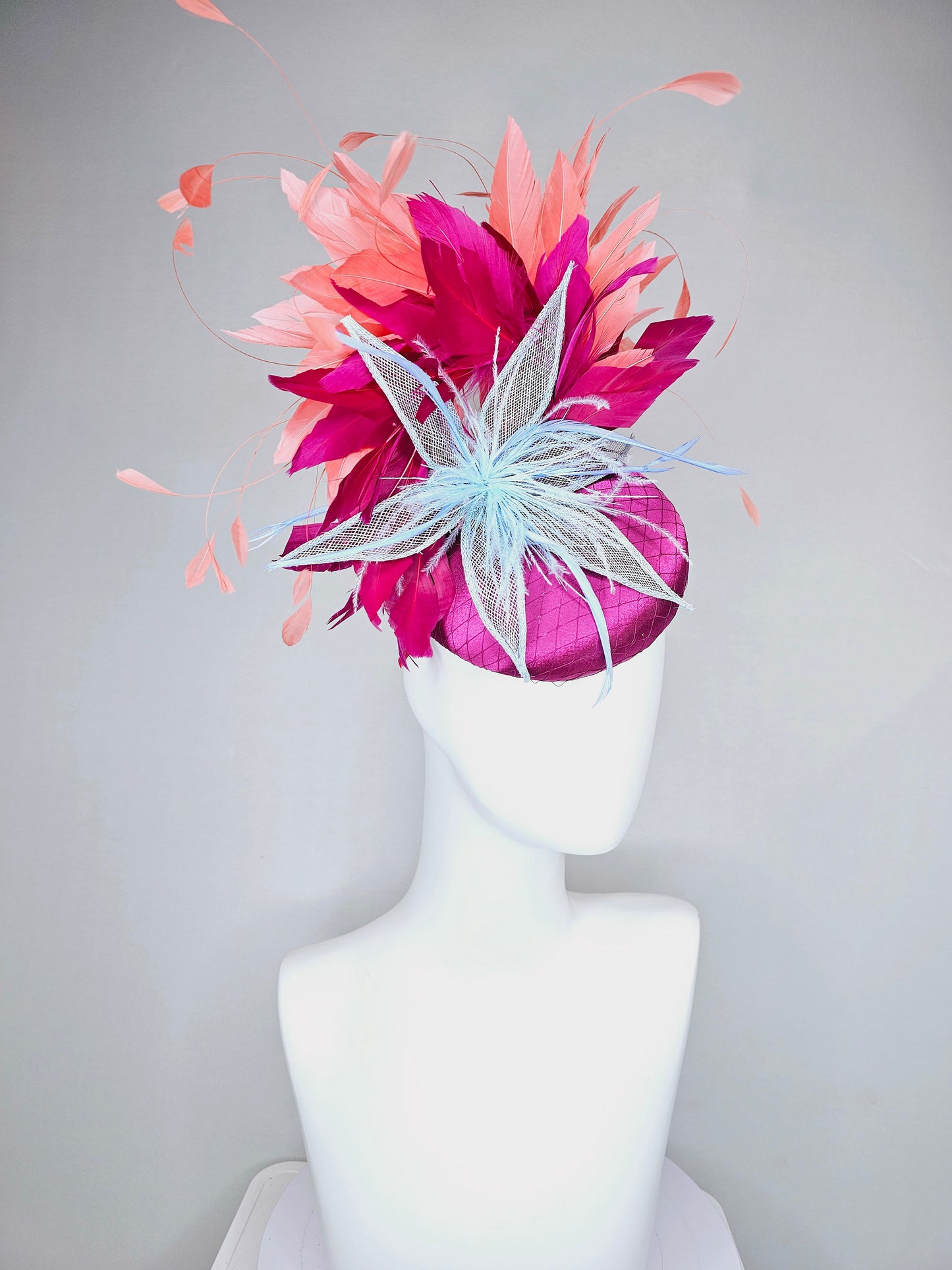 kentucky derby hat fascinator magenta purple wine satin with matching feathers orange coral feathers and blush sinamay feather flower