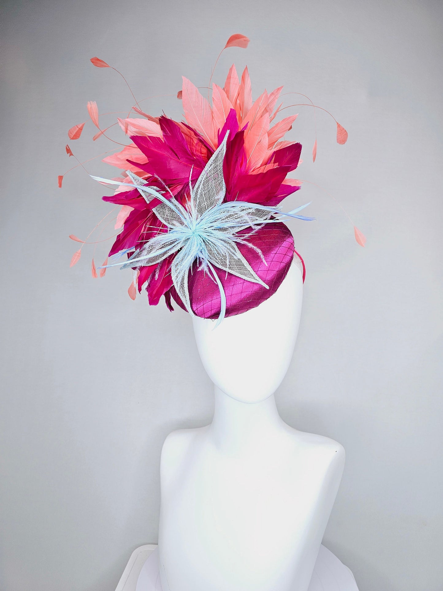 kentucky derby hat fascinator magenta purple wine satin with matching feathers orange coral feathers and blush sinamay feather flower