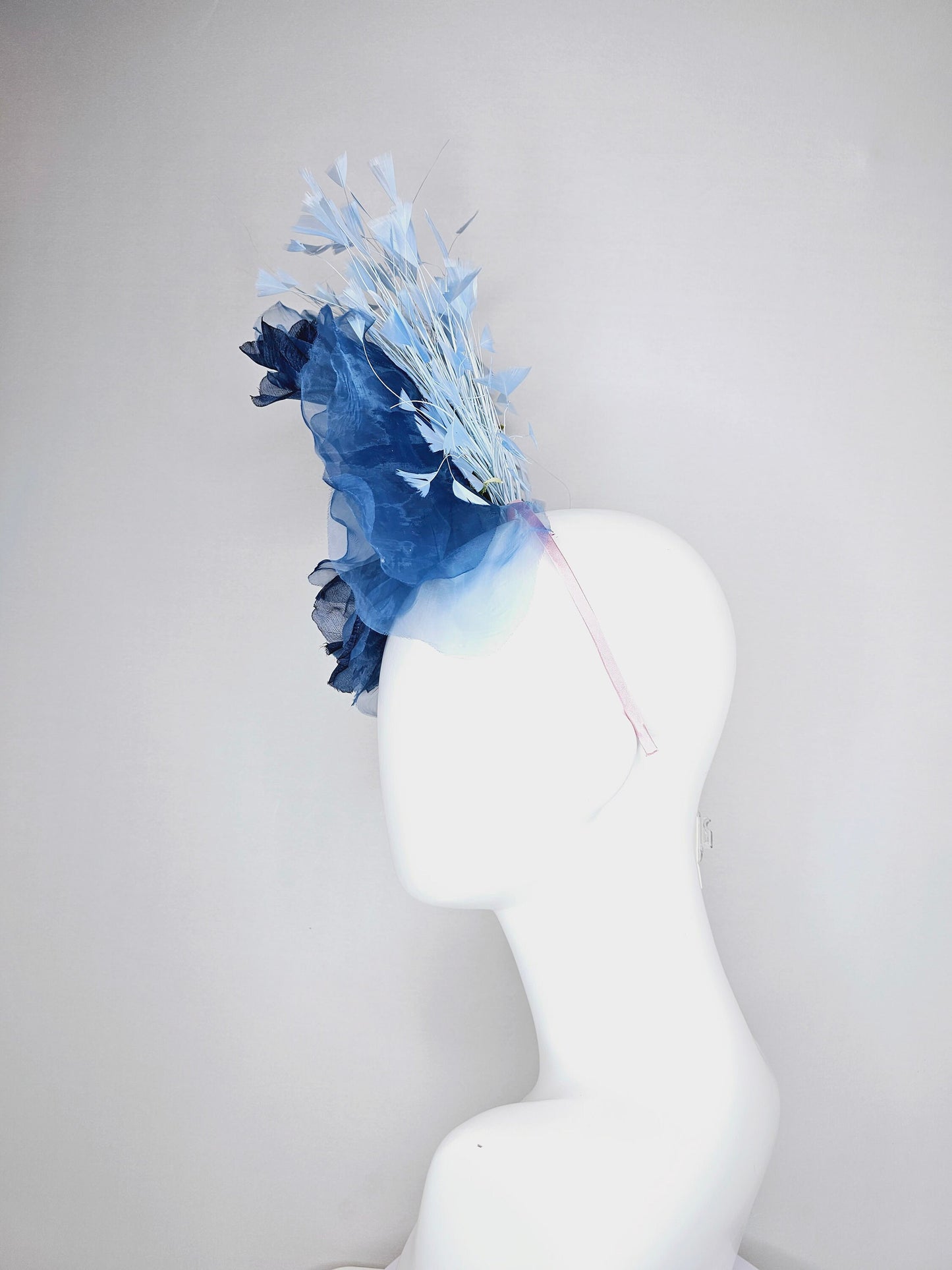 kentucky derby hat fascinator navy blue ombre organza rose flower light  blue feathers