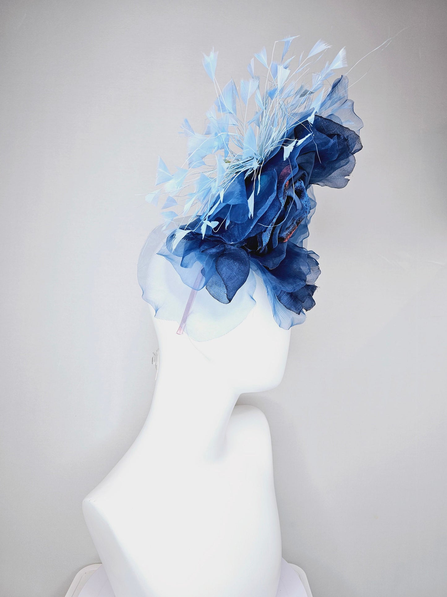 kentucky derby hat fascinator navy blue ombre organza rose flower light  blue feathers