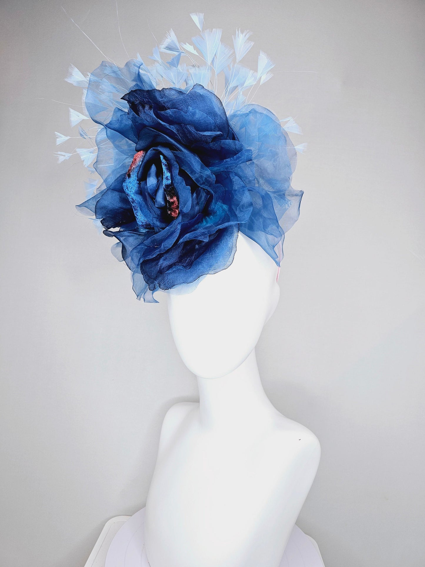 kentucky derby hat fascinator navy blue ombre organza rose flower light  blue feathers