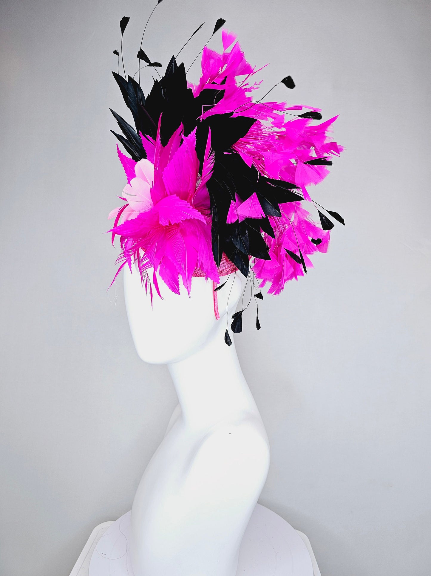 kentucky derby hat fascinator hot pink fuchsia magenta sinamay and feather floweer with black and bright pink feathers