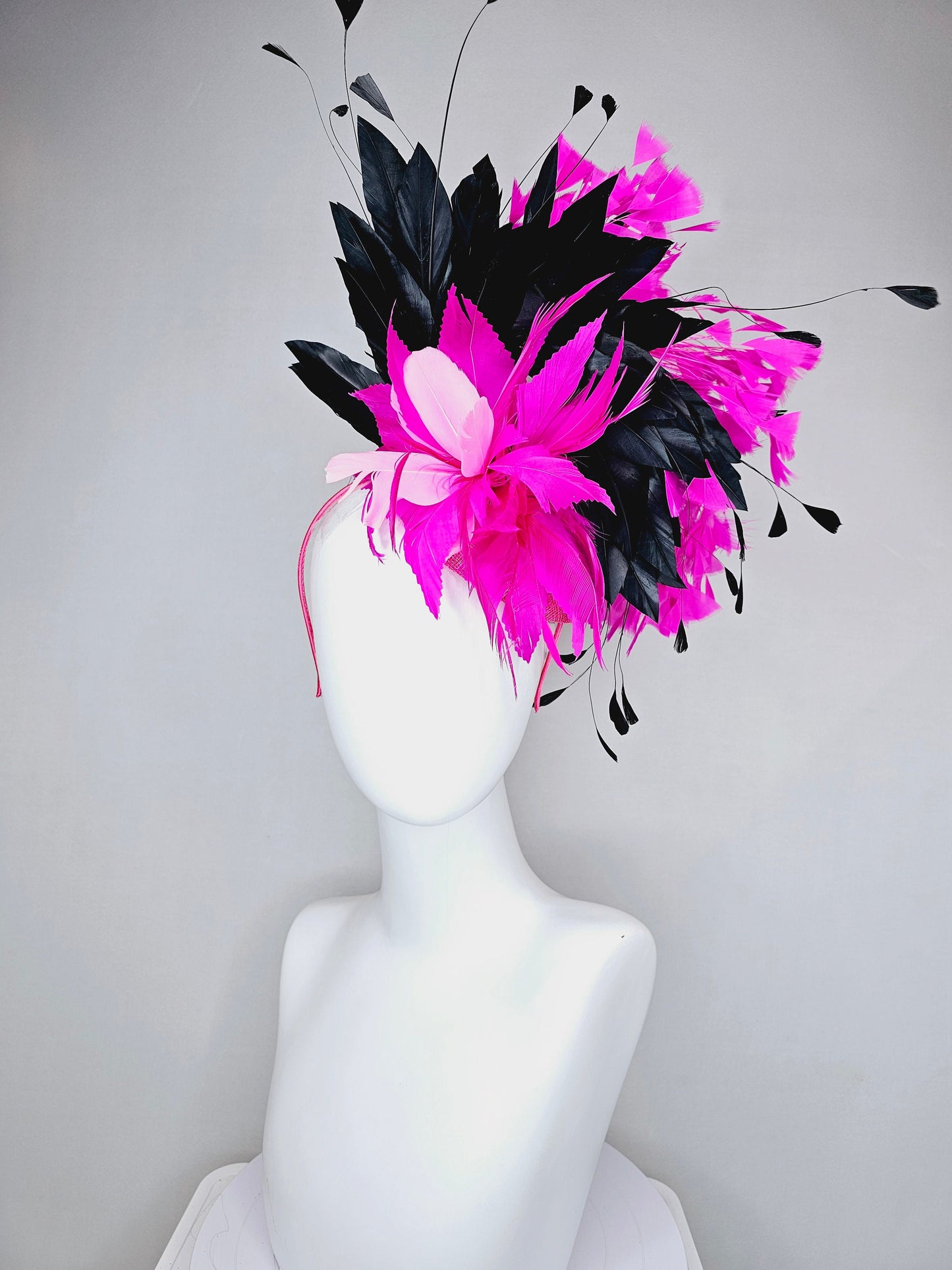 kentucky derby hat fascinator hot pink fuchsia magenta sinamay and feather floweer with black and bright pink feathers