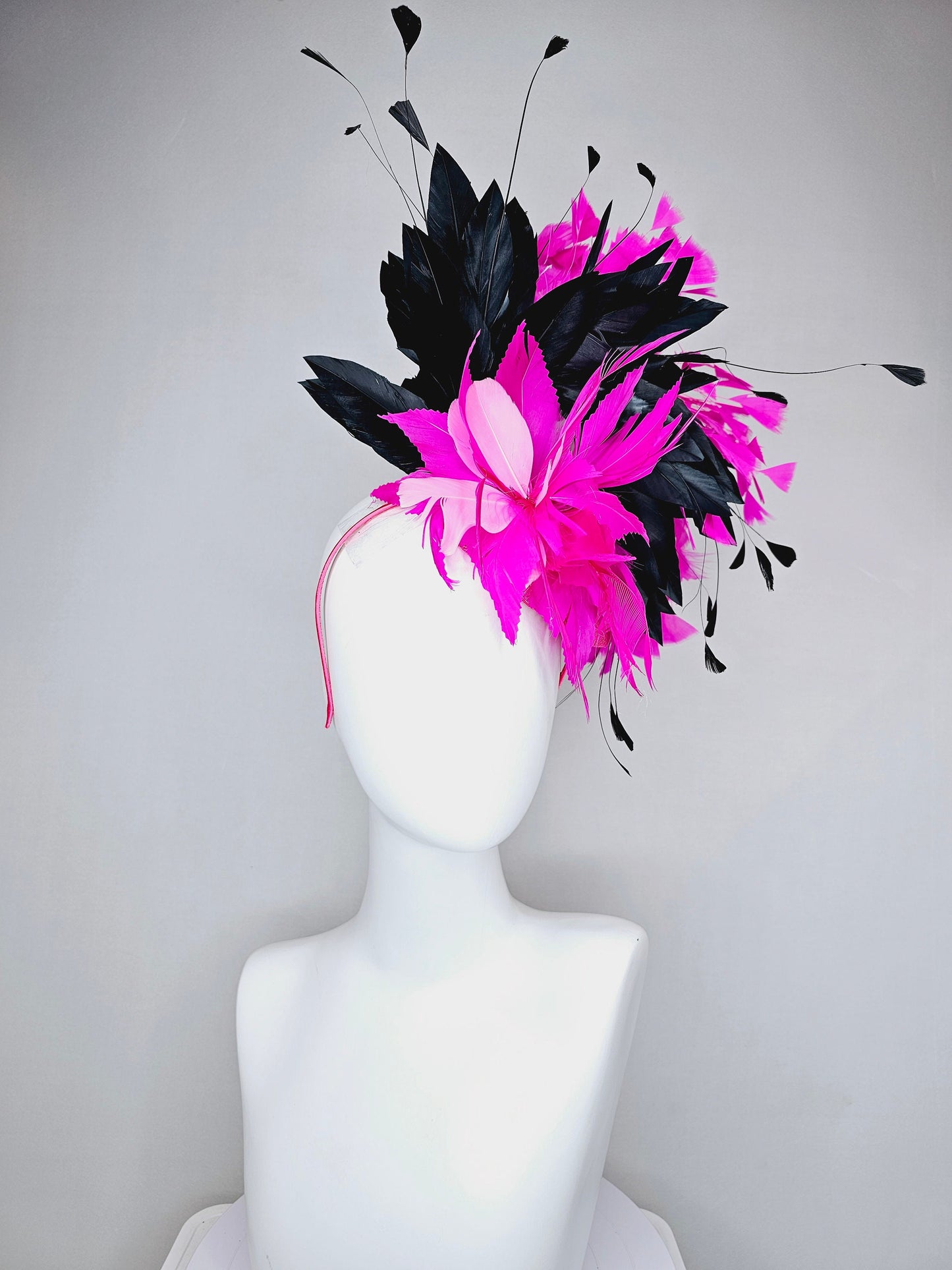 kentucky derby hat fascinator hot pink fuchsia magenta sinamay and feather floweer with black and bright pink feathers