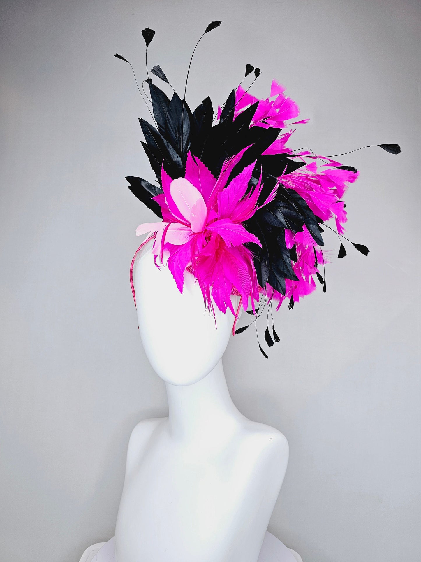 kentucky derby hat fascinator hot pink fuchsia magenta sinamay and feather floweer with black and bright pink feathers